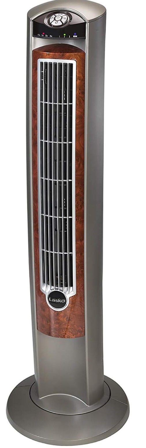 Lasko 2554 Wind Curve Tower Fan with Remote Control and Fresh Air Ionizer, Silver Woodgrain