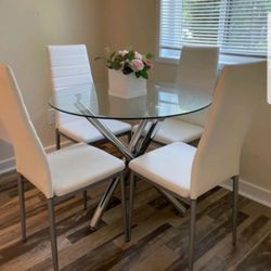 White / Black Top-glass Round Dining Table And Chairs | Kitchen/ Dining Room Set | Brand New| 