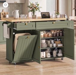 New 60" Kitchen Island with Storage and Trash Can,Kitchen Island Cart with Drop Leaf and Wheels,Rolling Kitchen Island Cart on Wheels with Storage Cab