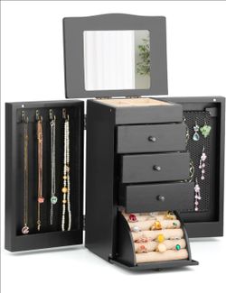 Meangood Black Jewelry Boxes for Women Mirror & 3 Drawers & Pull-Out Ring Tray, Features Earring Organizer Necklace Holder