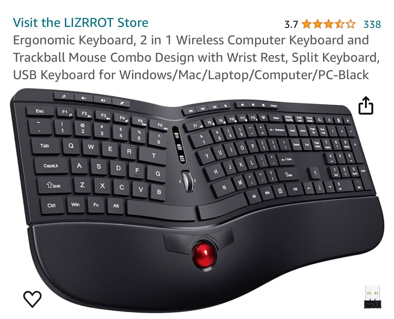 Ergonomic Keyboard, 2 in 1 Wireless Computer Keyboard and Trackball Mouse Combo Design with Wrist Rest, Split Keyboard