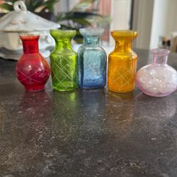 Miniature Glass Bud Vase Set Cut to Clear Etched Style Boho Hippie Whimsical