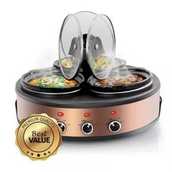 “NIB” MegaChef Round Triple 1.5 Quart Slow Cooker and Buffet Server in Brushed Copper and Black Finish with 3 Ceramic Cooking Pots
