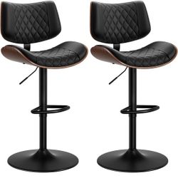 Bar Stools Set of 2, Adjustable Bar Stool for Kitchen Island, Mid-Century Modern PU Leather Counter Height Bar Stools with Back and Footrest, Easy Ass