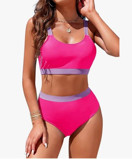 New Womens High Waisted Bikini Sets Sporty Crop Top Color Block Swimwear Bandeau Scoop Neck Vintage Two Piece Bathing Suits, LARGE