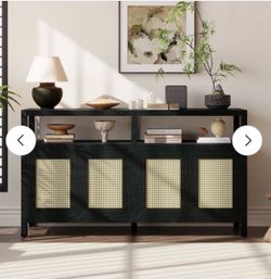 Bohemian Style Rattan Buffet Storage Cabinet with Solid Wood Frame - Black
