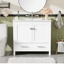 36'' Freestanding Bathroom Vanity with Sink Combo, Modern Bathroom Cabinet with Soft Closing Door and White Ceramic Basin, Single Sink Modern Vanities