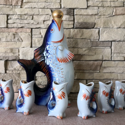 Vintage porcelain set for drinks "Fish" USSR. Decanter and 6 shot glasses.