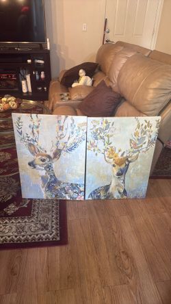 2 beautiful nature deer paintings