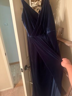 David's Bridal Navy Velvet Spaghetti Strap Faux-Wrap Maxi Dress