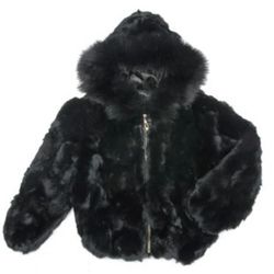 Kids Satin Rabbit Fur Hooded Bomber Jacket US size 10. 