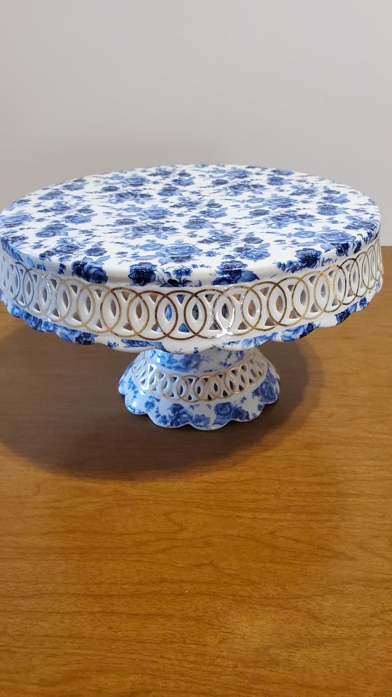 Stunning Blue Rose Gold Trimmed Pedestal Cake Stand.
