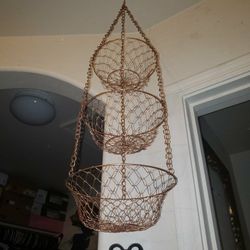 VINTAGE 3 TIER COPPER METAL WIRE HANGING KITCHEN FRUIT BASKETS