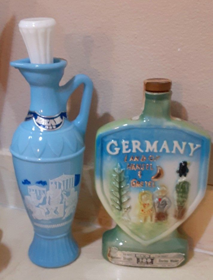 Vintage Jim Beam Germany Land Of Hansel&Gretel Liquor Decanter and Light Blue Greek Socrates Jim Beam Decanter