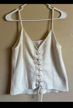 Women’s American Eagle Cream Ribbed Soft Lace-Up Crop Tank Size Large