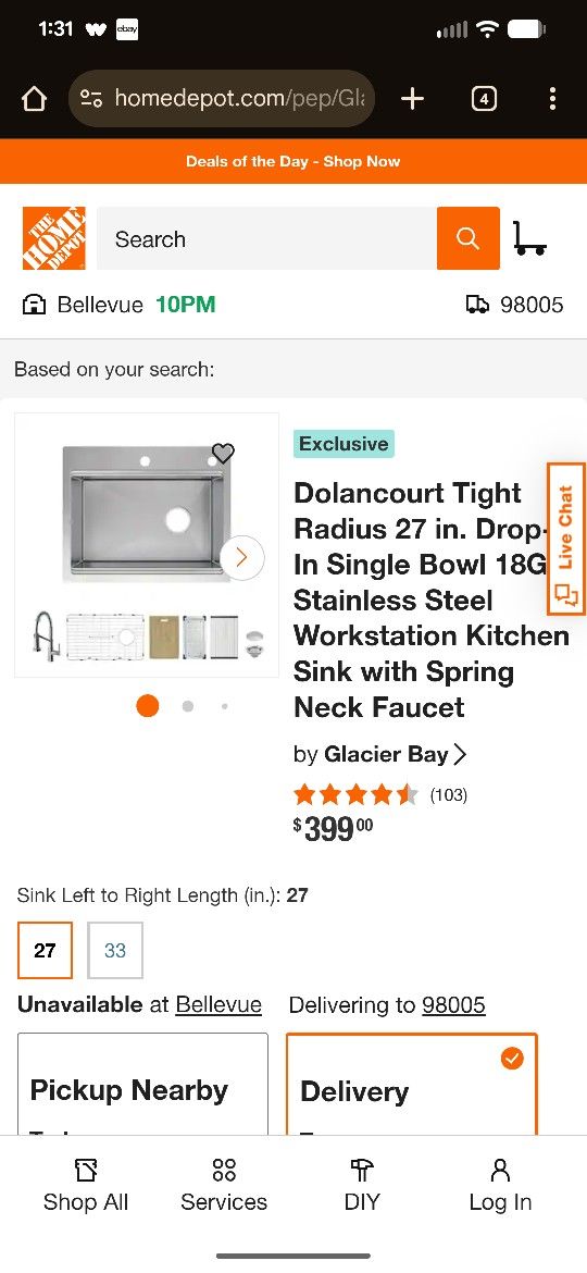 New Glacier Bay Dolancourt Dual Mount 27 in Single Bowl Workstation Kitchen Sink Faucet