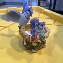 Porcelain Blue Jay in Nest Music Box