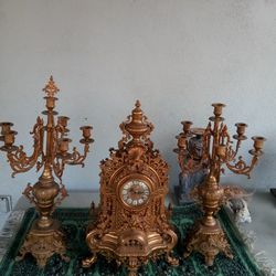 Clock Set - Bronze French-Italian Clock and 2 Candelabra 