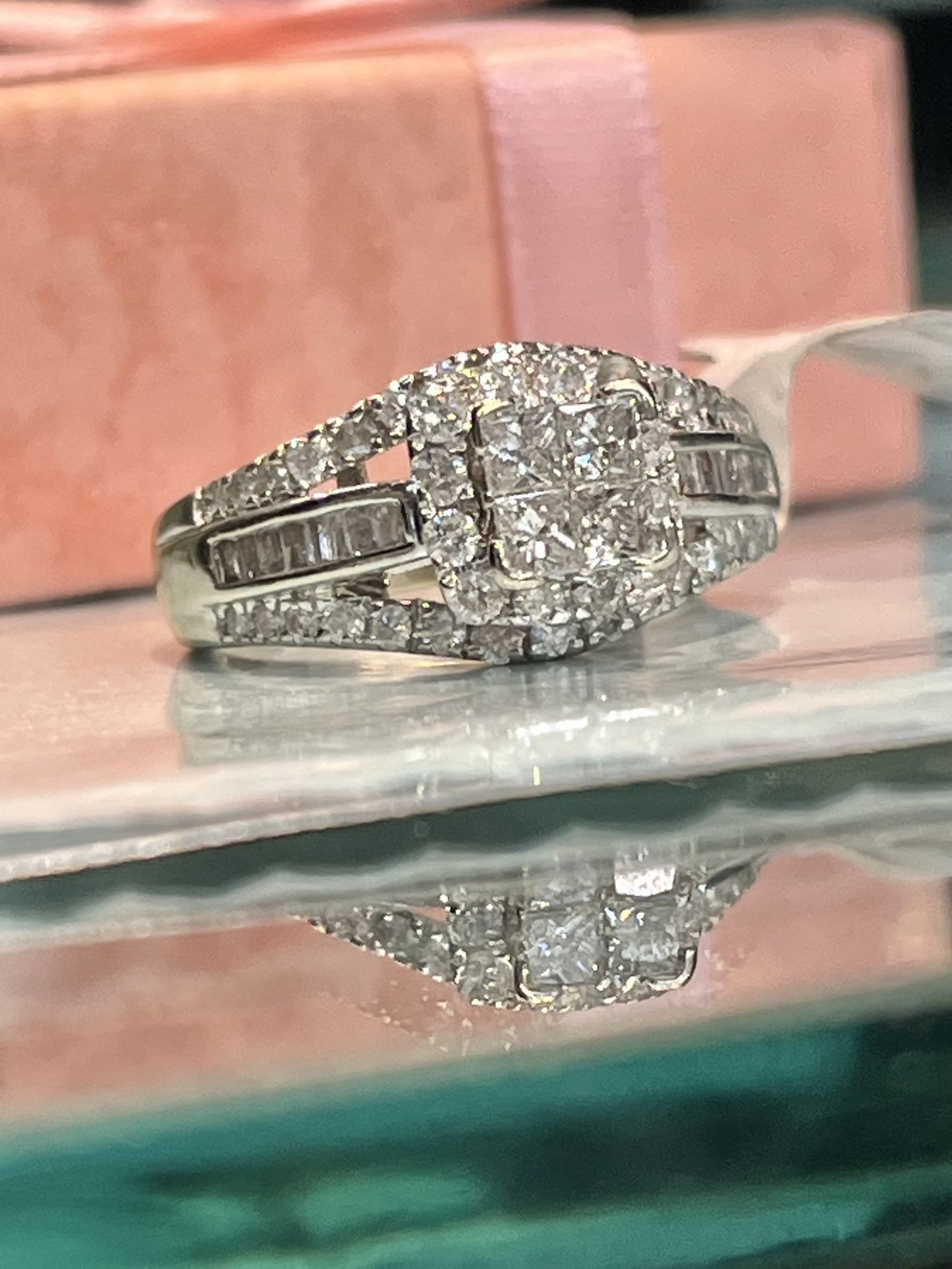 14k WG Ladies Diamond Square Half Bezel Halo Baguette Anniversary Cocktail Ring