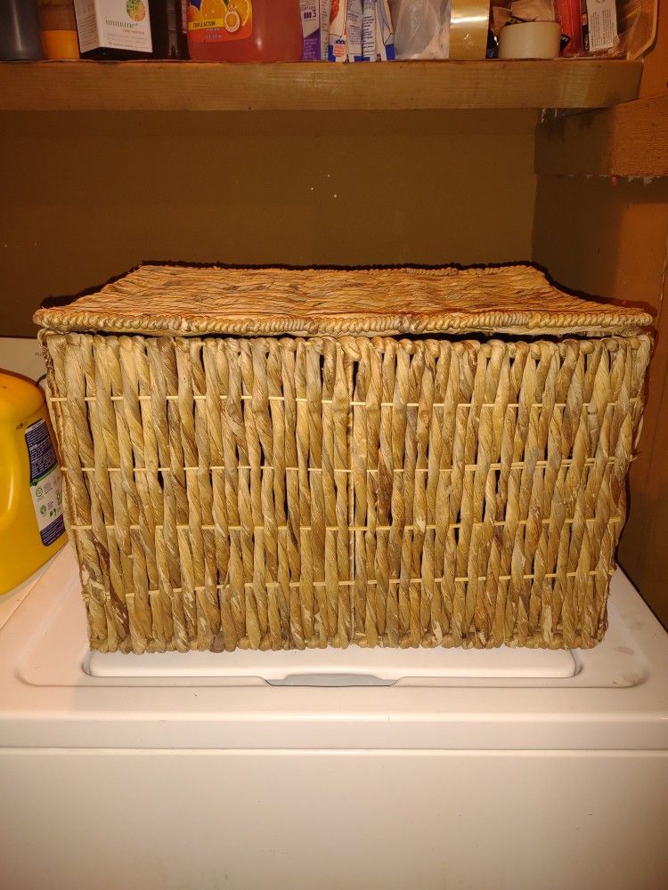 Woven Basket With Lid And Banana Leaf Magazine Rack Demensions Are  20" Long ,14" Across,And 13" Deep