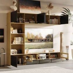 New Wall Mounted Black and Oak TV Stand Entertainment Console