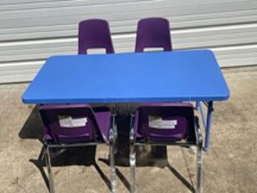 New, 4.93-Foot Kid's Plastic Folding Table – Blue & 4 Inno Sports Company Stack Chair, Seat with Chromed Steel Legs, Purple  