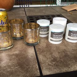 Three- Crate & Barrel  Votive Candle Holders 3-1/4”H X 3”D  And Four New Pillar Candles 2.5” X 2.8”.     Unwrapped Candle Slightly Larger