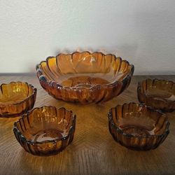 Vintage Indiana Glass, Amber Sunflower,  Salad Serving Set of 5