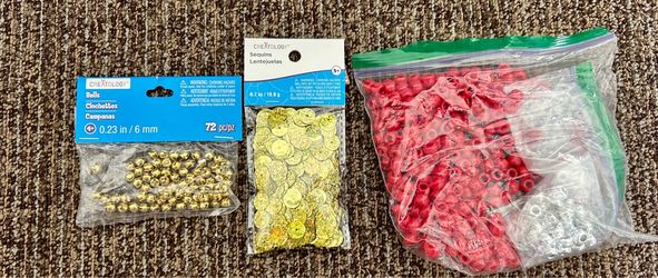 Craft supplies - sequins, pony beads, bells