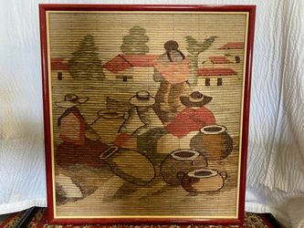 Hand Woven Peruvian Folk Art Tapestry in Red Frame