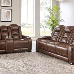 The Man-Den Mahogany Power Reclining Living Room Set

