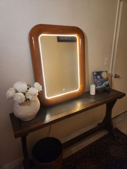 Wood Framed Mid-Century Modern Illuminated Vanity Mirror