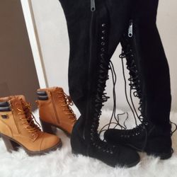 Women's Brown Los Angeles Ankle Boots& Black Knee High Flat Boots