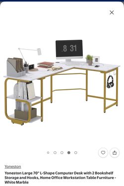 Yoneston 70" L-Shape Desk with Bookshelf and Hooks