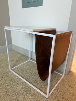 Side Table with Marble Top and Leather Magazine Holder