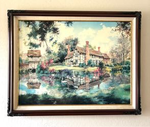 Marty Bell Signed Framed Print - English Cottage Landscape w/Reflection - Large Wall Art
