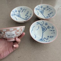 Brand New with Tag Very Cute Kitty Lucky Cat Kawaii Rice Bowls in Pink Made in Japan Set of 4