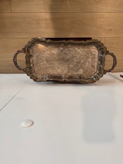 Vintage Ornate Silver-Tone Rococo Serving Tray 26" × 11" with Handles