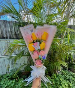 Pink and Yellow Rose Bouquet with Butterflies