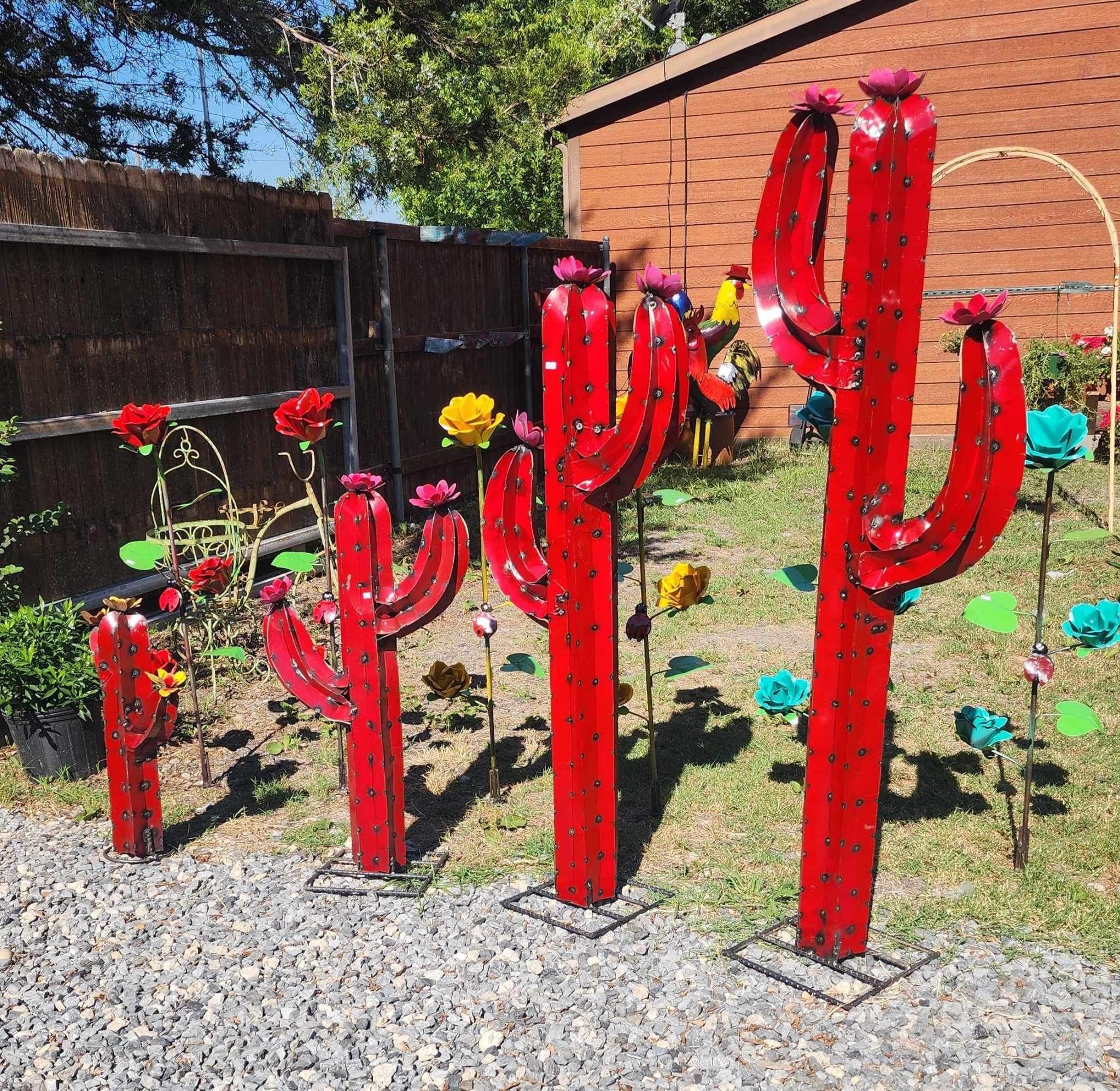 Red Metal Sagurao Cactus, Yard Art, Garden Decor