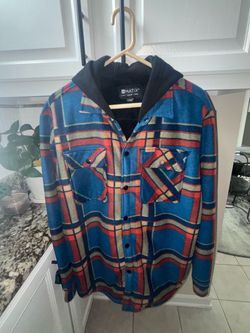 Matix Mens Hooded Shirt Jacket Large Dark Teal Plaid Faux Fur Lined