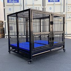 New $180 Folding Heavy Duty Dog Cage 41x31x34” Double-Door Stackable Kennel w/ Divider, Plastic Tray 