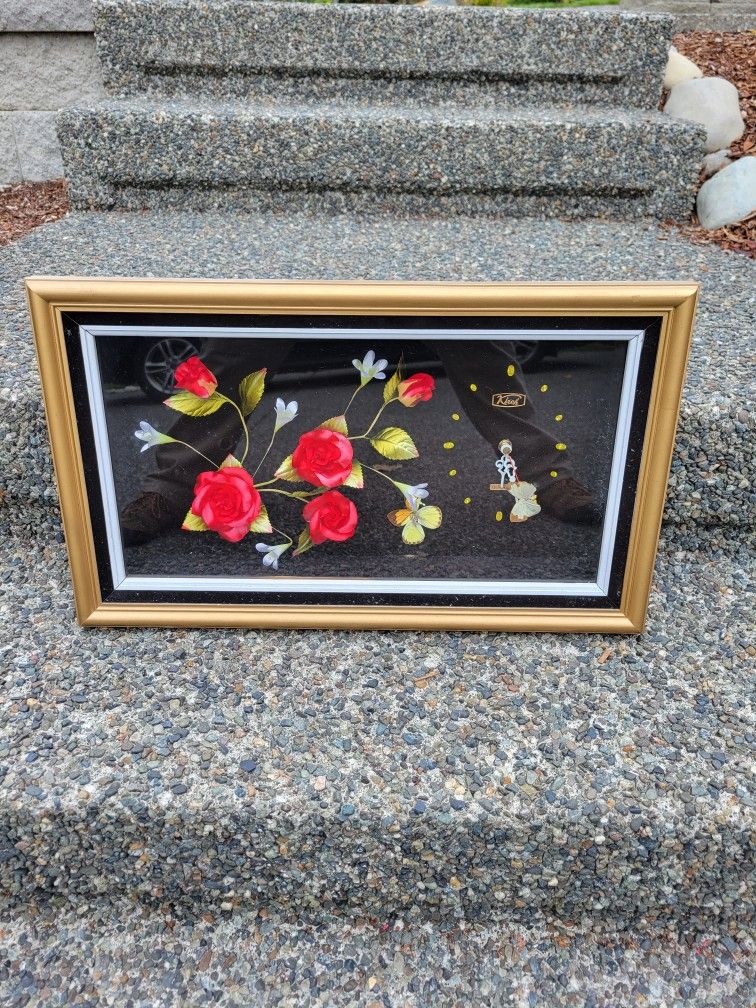 Another Vintage Kirch Rectangular Chinese Shadowbox Floral Wall Clock...Works!