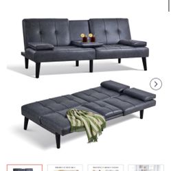 Futon Sofa Bed - DARK GREY LEATHER