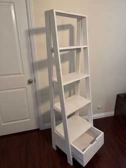 White Ladder Bookshelf with Bottom Drawer
