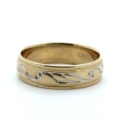 Men’s Woman’s 14k Two Toned White Yellow Gold 6.00mm Comfort Fit Diamond Cut Swirl Milgrain Edge Wedding Band Ring Size 10 GP3124102