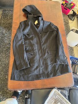 Black Wool Hooded Coat with Snap Closure