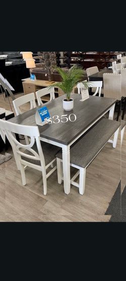 6-pc dining table set with bench grey & white