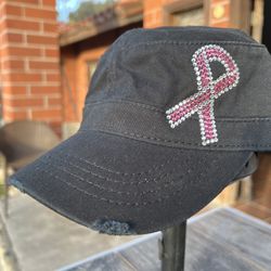 Rhinestone Pink Ribbon Distressed Military Style Hat