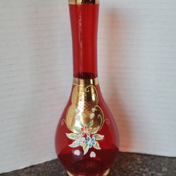 Vintage Japan Emerald Red Bud Vase 8”Gold Gilding Hand Painted Flowers Moriage